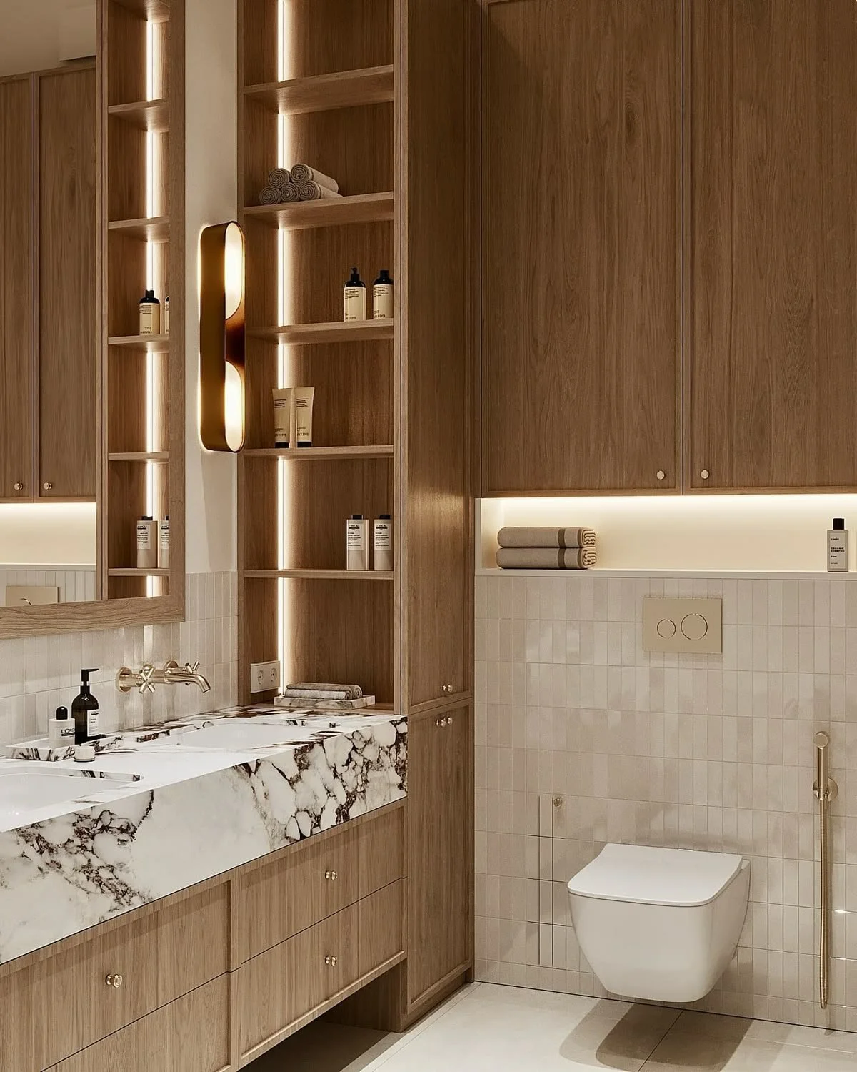 Bathroom with a wall light, integrated LED strip lighting and open timber shelves