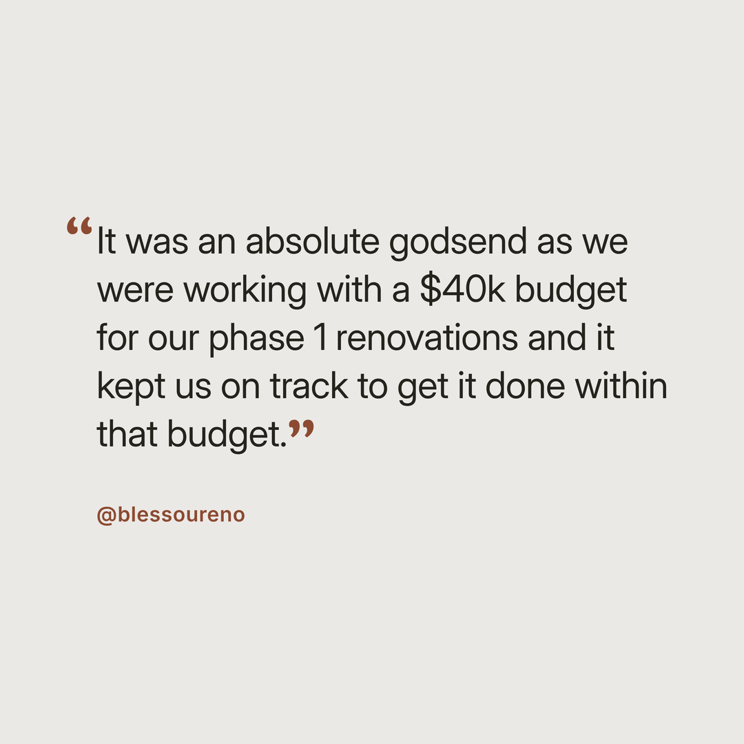 Customer review of the Zephyr and Stone renovation budget tracker, saying it kept their $40k renovation on budget.