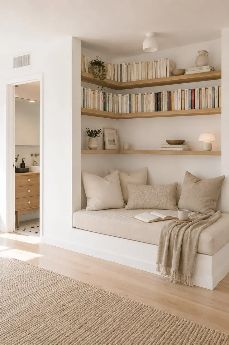 Built-in reading nook with a cushioned bench seat and timber corner shelves filled with books.