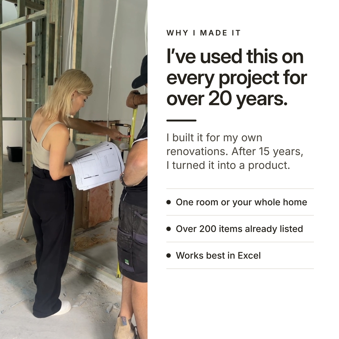 Ania Mikina of Zephyr and Stone on a renovation site, holding plans, beside the budget tracker she has used for over 20 years.