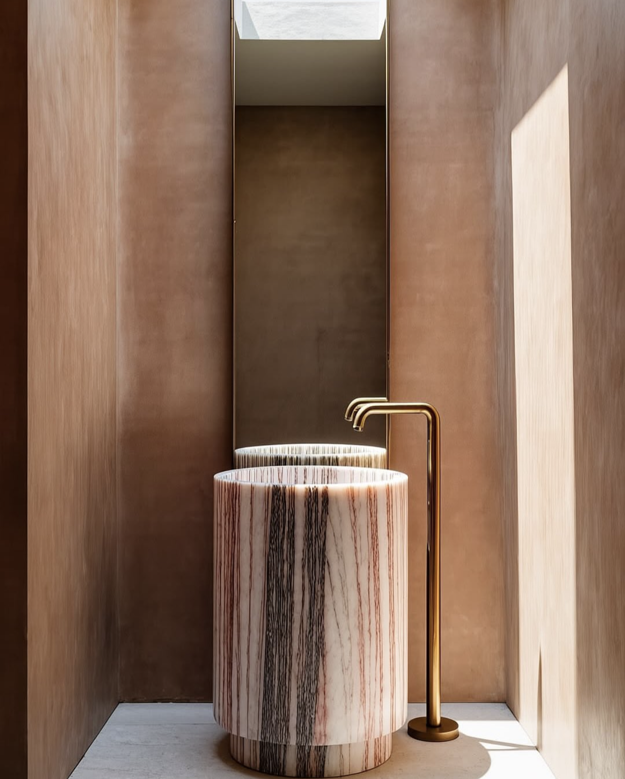Round marble pedestal basin with floor-mounted brass tapware in a rendered powder room