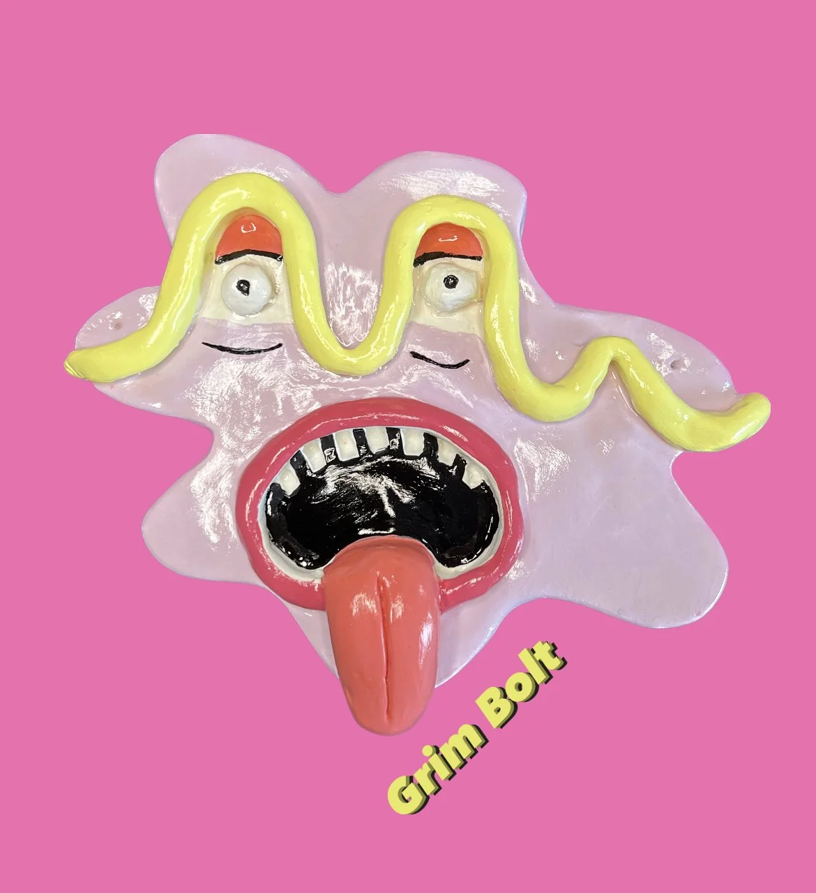 Colorful artistic sculpture of a grotesque face with exaggerated features, including bulging eyes, a wide-open mouth with a tongue sticking out, and yellow hair, set against a pink background with the text 'Grim Bolt' in yellow near the bottom.