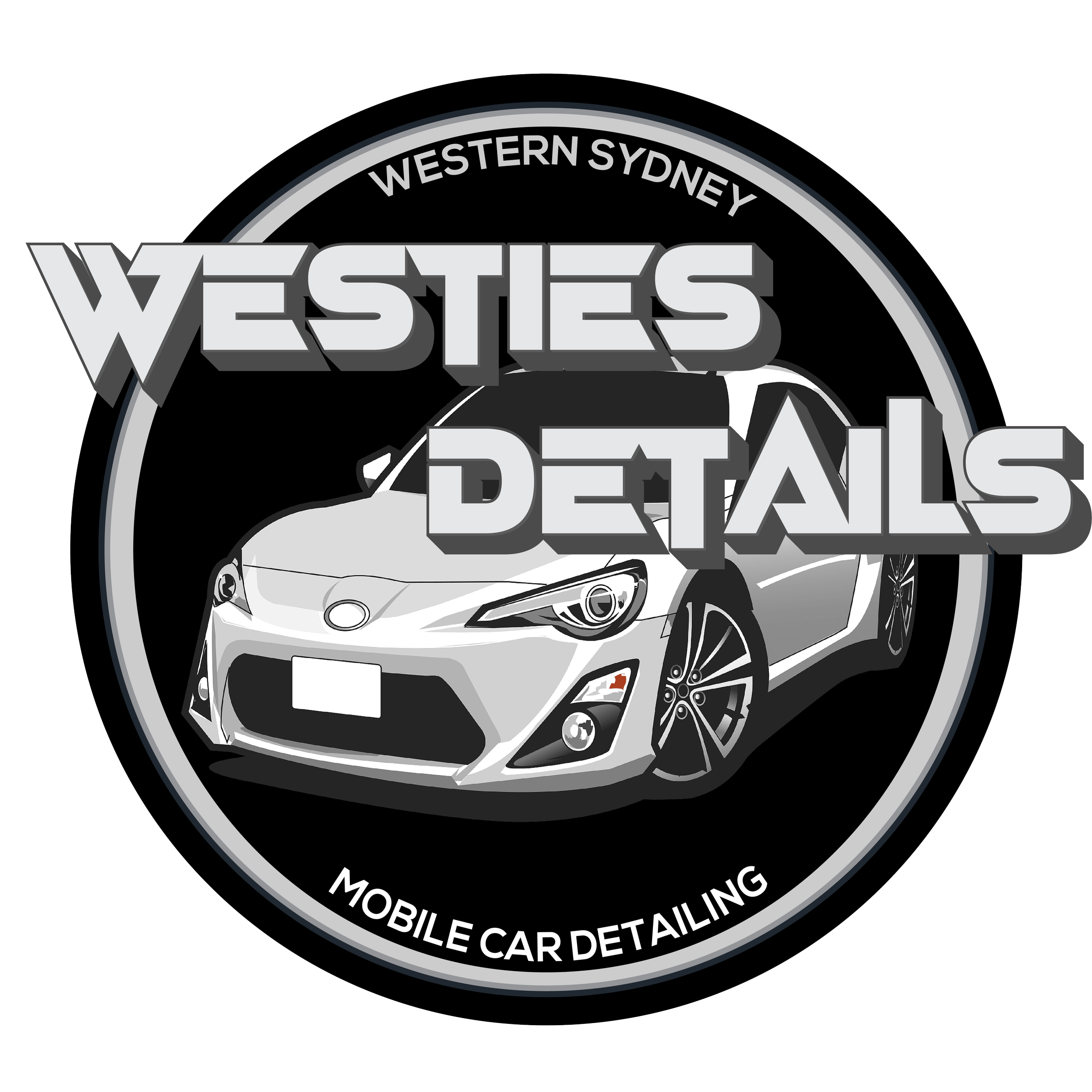 Logo for Westies Details, a mobile car detailing service based in Western Sydney, featuring a stylized silver sports car with bold text.