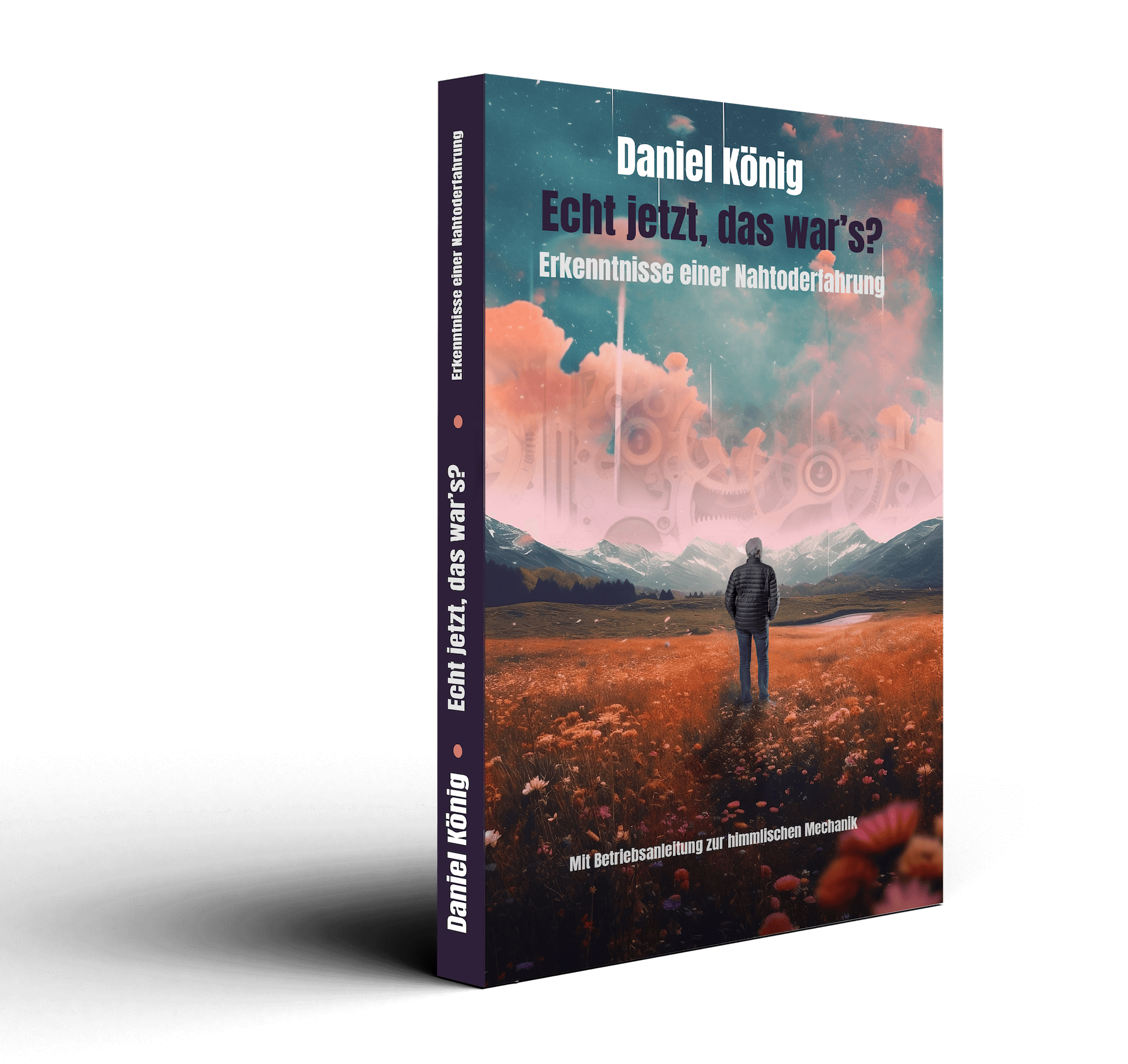 3D-Darstellung eines Buches mit dem Titel "Echt jetzt, das war's? Erkenntnisse einer Nahtoderfahrung" von Daniel König. Das Cover zeigt eine Person auf einem Feld mit Bergen im Hintergrund und einem surrealen Himmel.