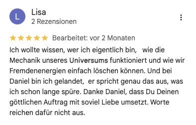 Bewertung einer Rezension auf Deutsch, 5 Sterne, von Lisa, über einen Zeitraum von 2 Monaten, mit Text über die Funktionsweise des Universums und die Liebe eines Menschen zu Gott