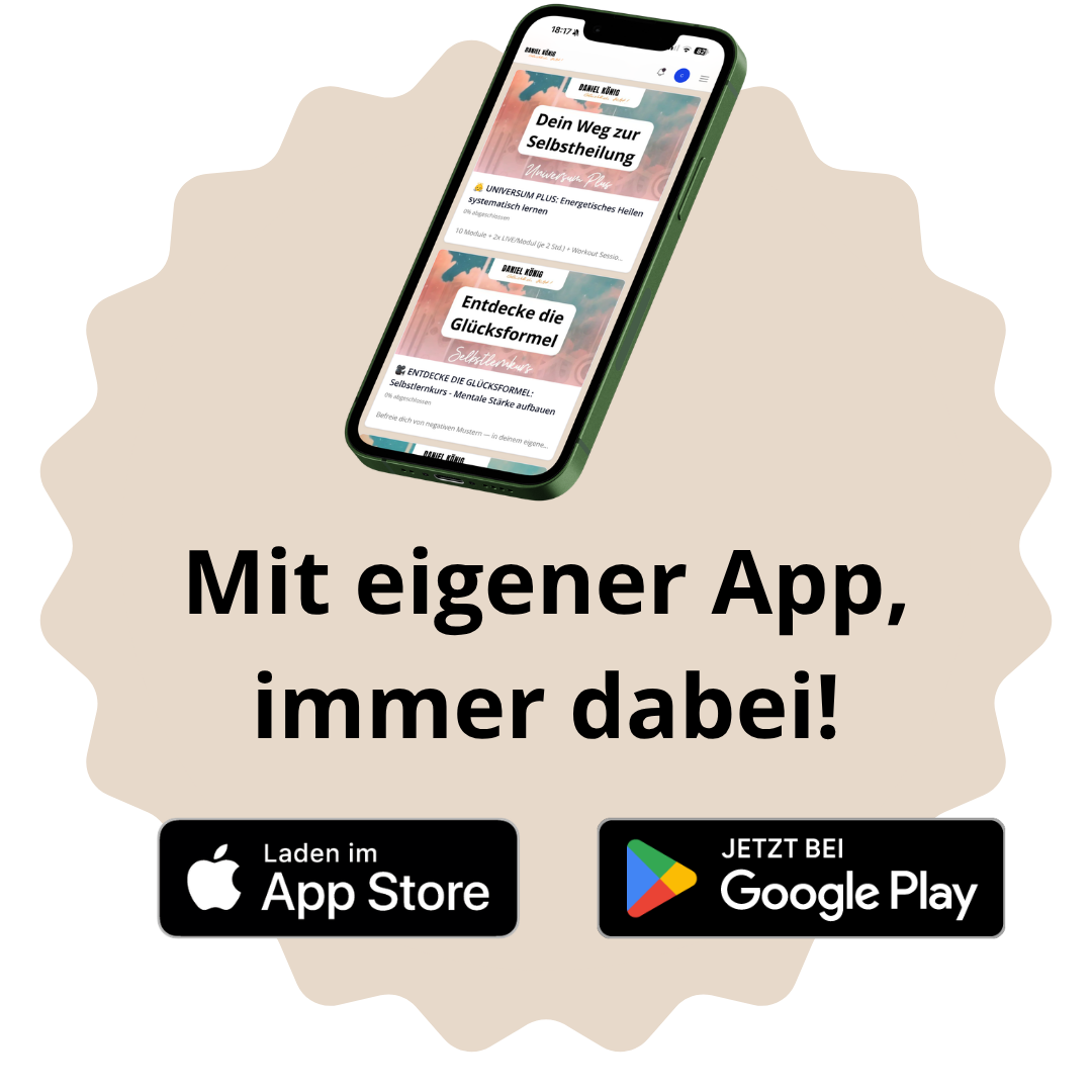 Werbung für eine eigene App mit den Worten "Mit eigener App, immer dabei!" und den Logos für den App Store und Google Play, darunter ein Smartphone, das eine App zeigt.