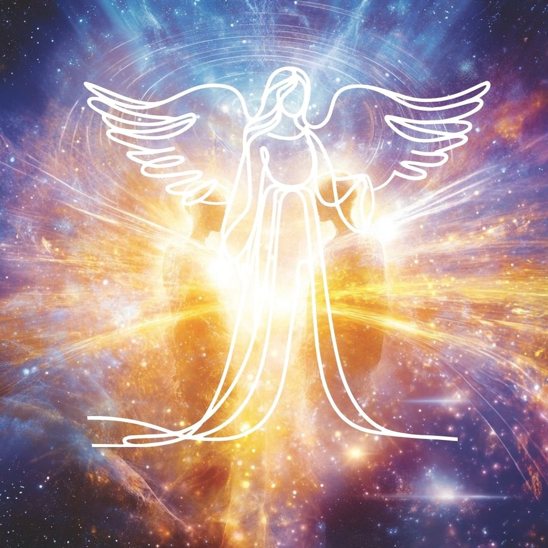 Eine digitale Illustration eines Engels mit ausgebreiteten Flügeln vor einem bunten, galaktischen Hintergrund. Die Engelsfigur ist in weißer Konturlinie gestaltet, die sich von einem strahlend leuchtenden Zentrum nach außen erstreckt.