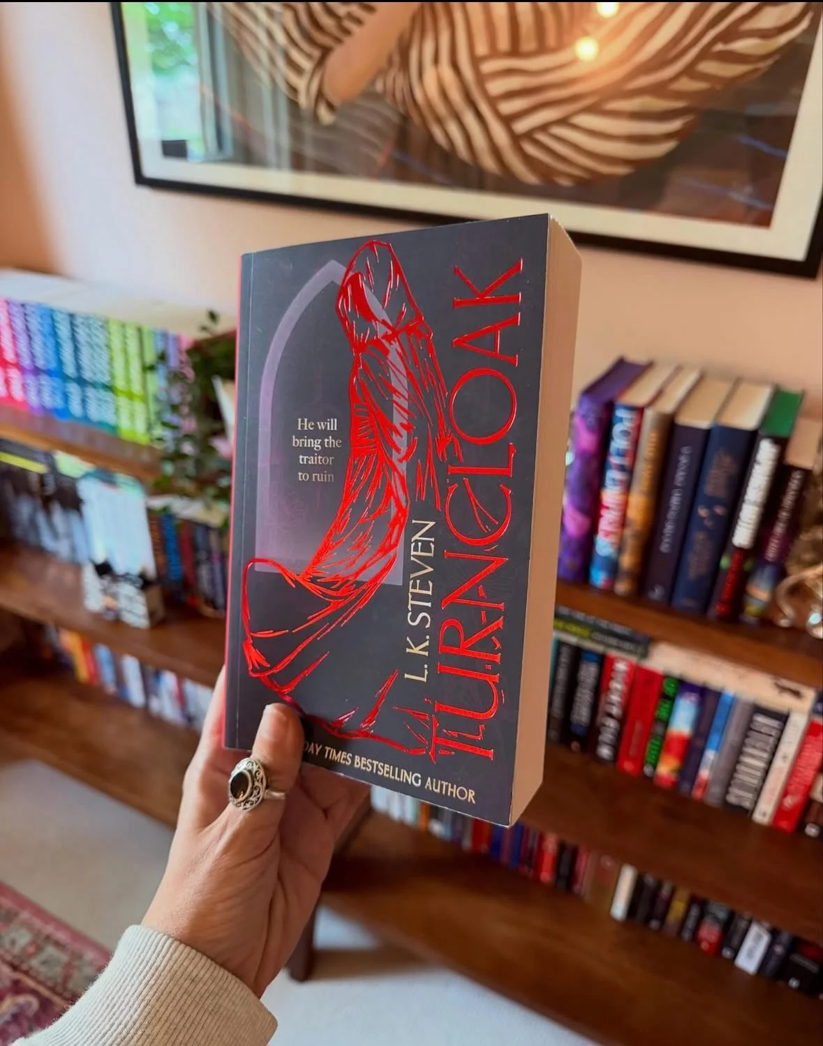 Loved working on the proof design for @laurasteven&rsquo;s TURNCLOAK. Inspired by the final cover (slide 4), I traced &amp; re-drew the hooded figure so we could foil and emboss the layer.  After previously working on the SILVERCLOAK proof (slide 5);