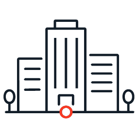 Icon showing a multi-building corporate campus with a location pin at the base, representing enterprise and multi-site business environments