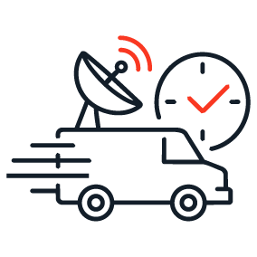 Icon showing a moving van carrying a satellite dish with a clock displaying a red tick, representing fast on-site network deployment services