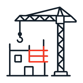 Icon showing a construction tower crane with a building under construction, representing the construction and infrastructure sector