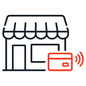 Icon showing a retail shopfront with a contactless card payment device, representing the retail and distribution sector