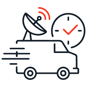 Icon showing a moving van carrying a satellite dish with a clock displaying a red tick, representing fast on-site network deployment services