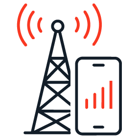 Icon showing a cellular transmission tower beside a smartphone displaying signal bars, representing mobile and cellular coverage solutions