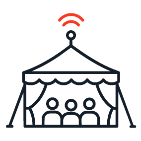 Icon showing a marquee tent with people silhouettes visible inside and a signal mast with a red Wi-Fi arc to the side, representing temporary event venues and short-term site deployments