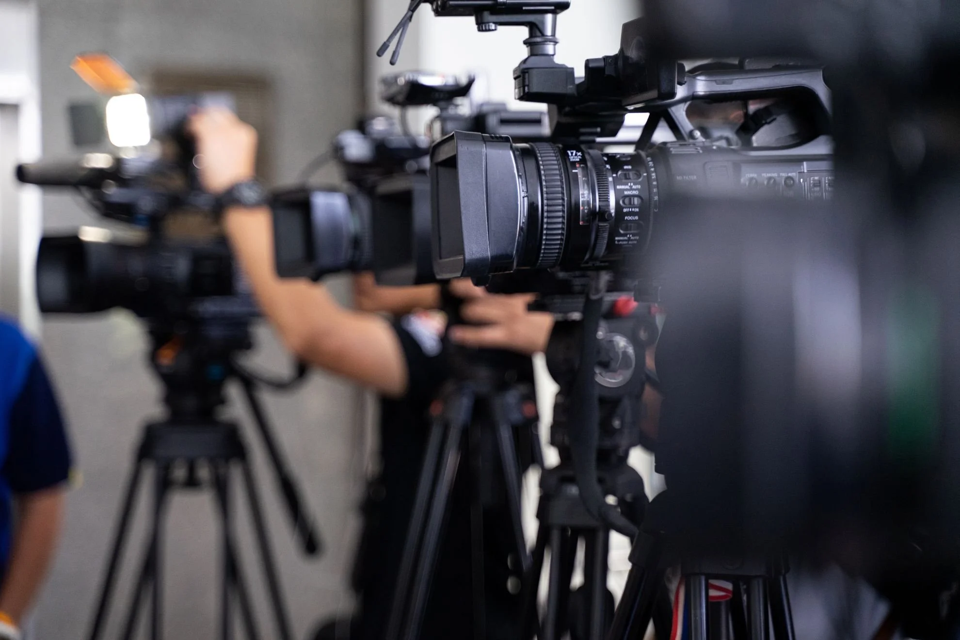 Broadcast cameras on set at a UK film studio, part of a multi-camera production setup