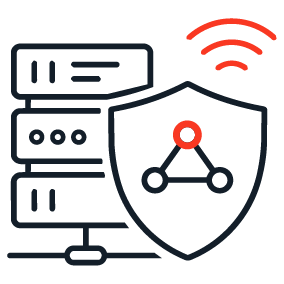 Icon showing a server rack with a security shield overlay and network node symbol, representing managed IT network infrastructure and connectivity services