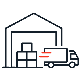 Icon showing a warehouse building with stacked pallets and a delivery vehicle, representing the warehousing and logistics sector