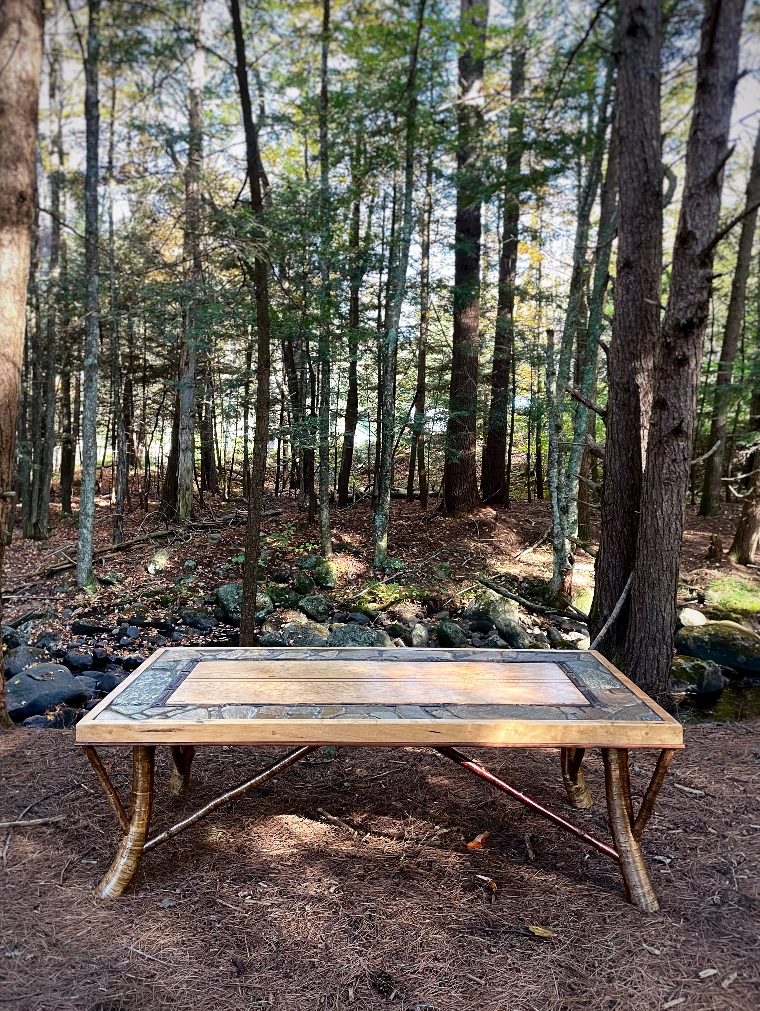 Birdseye Maple Coffee table with stone. Hope Falls Rustic