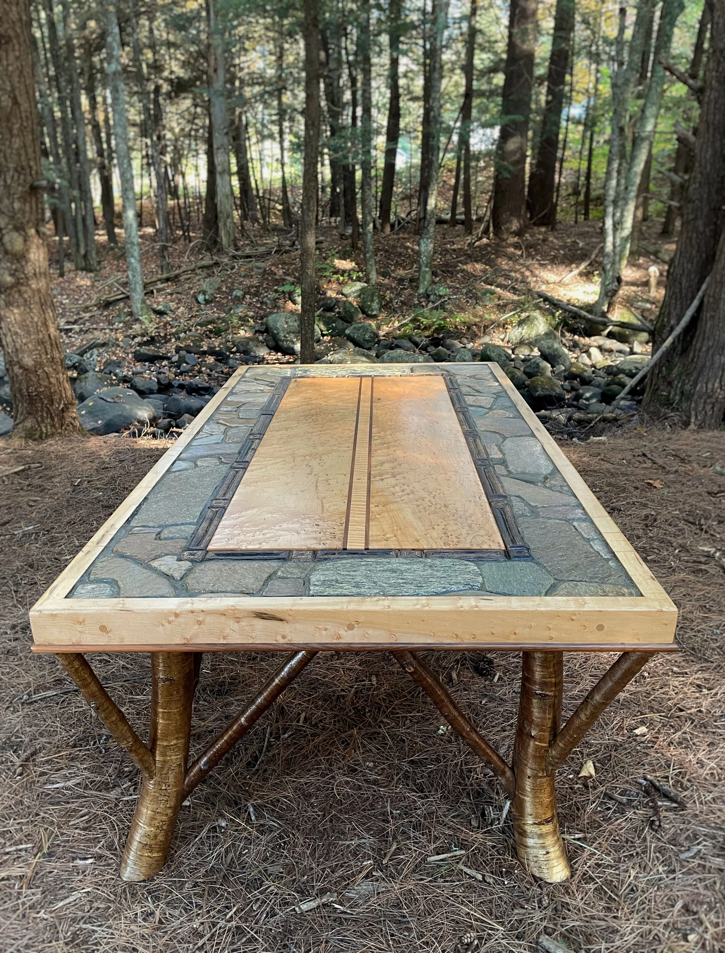 Birdseye Maple Coffee table with stone. Hope Falls Rustic