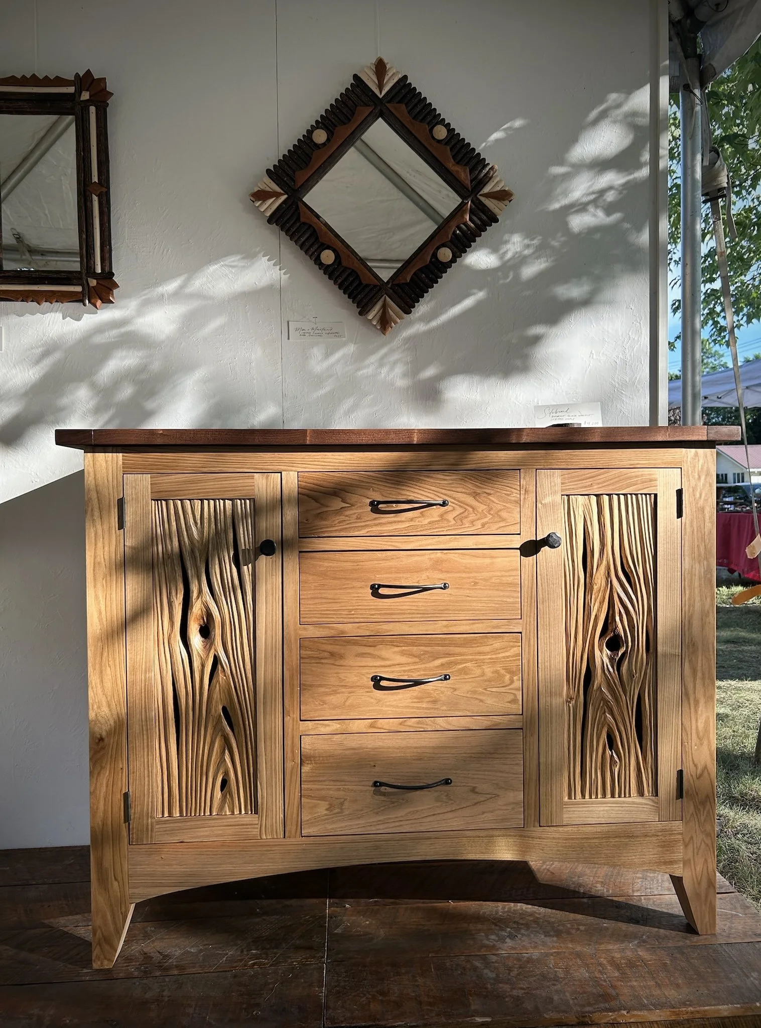 Hope Falls Rustic Sideboard with carved panels and twigwork mirror