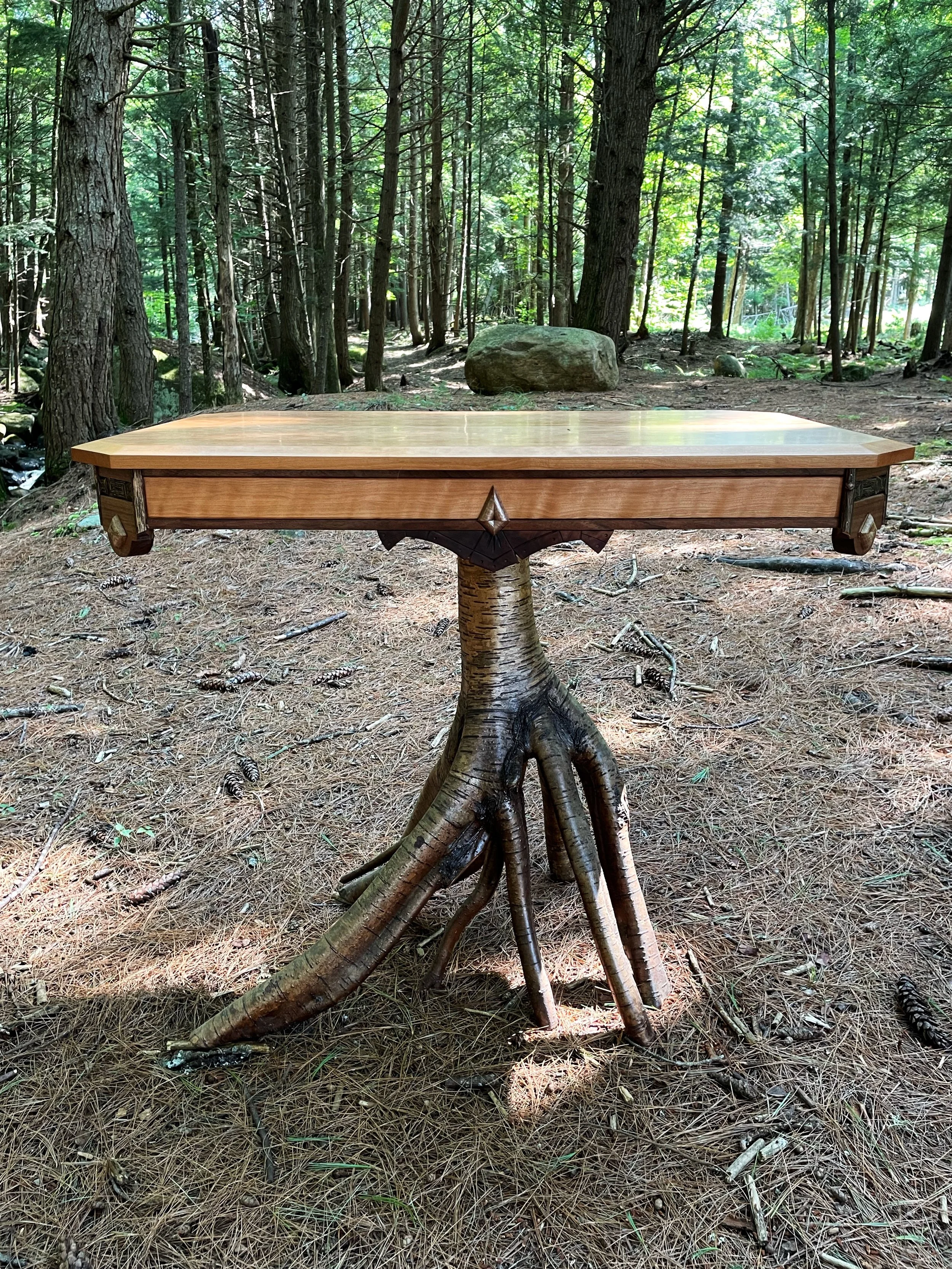 Curly Cherry and Yellow Birch Side Table by Hope Falls Rustic