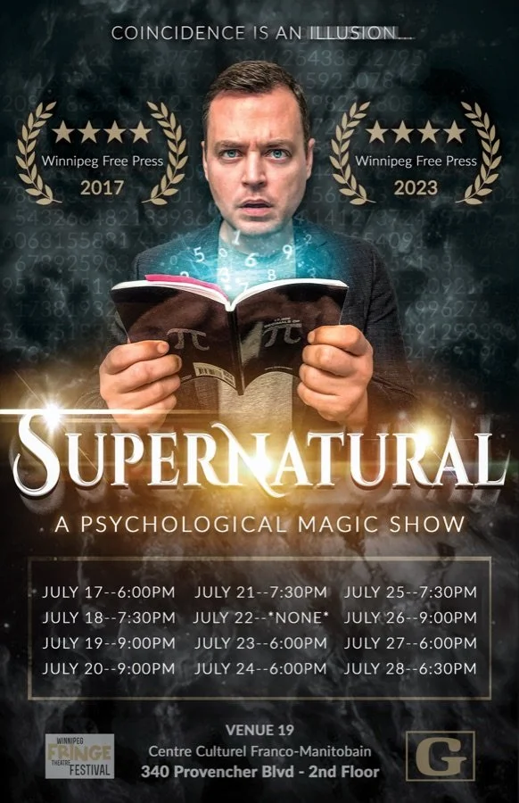 Mindreader show poster for mentalist Patrick Gregoire at the Winnipeg Fringe Festival, four star Winnipeg Free Press review
