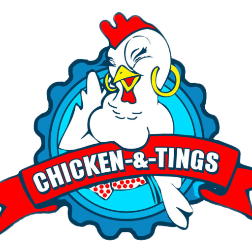 Cartoon chicken character with a red comb and yellow beak, wearing gold hoop earrings, making a peace sign, and smiling next to a red banner that reads "Chicken & Tings."