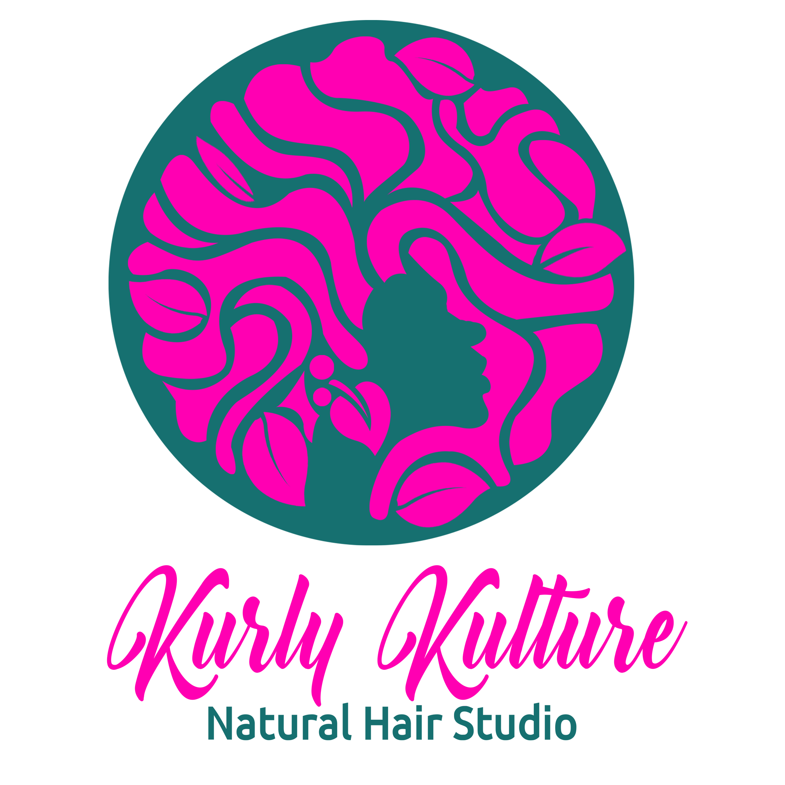 Logo for Beautifully Unique Natural Hair Studio featuring a pink silhouette of a woman's profile with flowing hair and the business name in pink cursive and teal text.