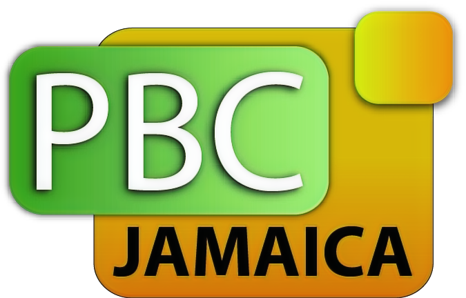 Logo with green background and white letters 'PBC' on top, yellow background with black 'JAMAICA' underneath, and a small yellow square with rounded corners in the top right corner.