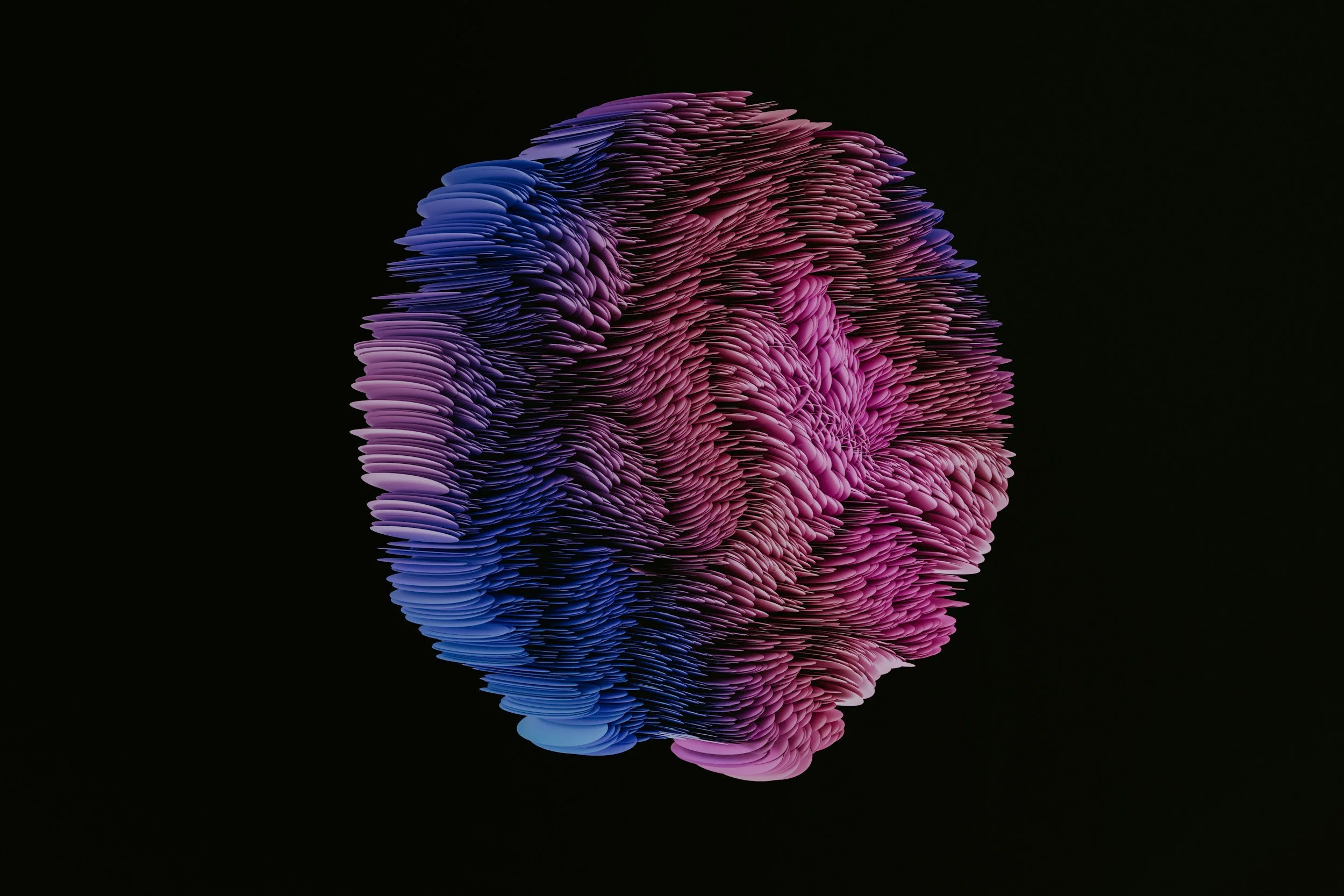 Digital abstract art of a spherical shape made of elongated, curved, layered elements in purple, pink, and blue hues on a black background.