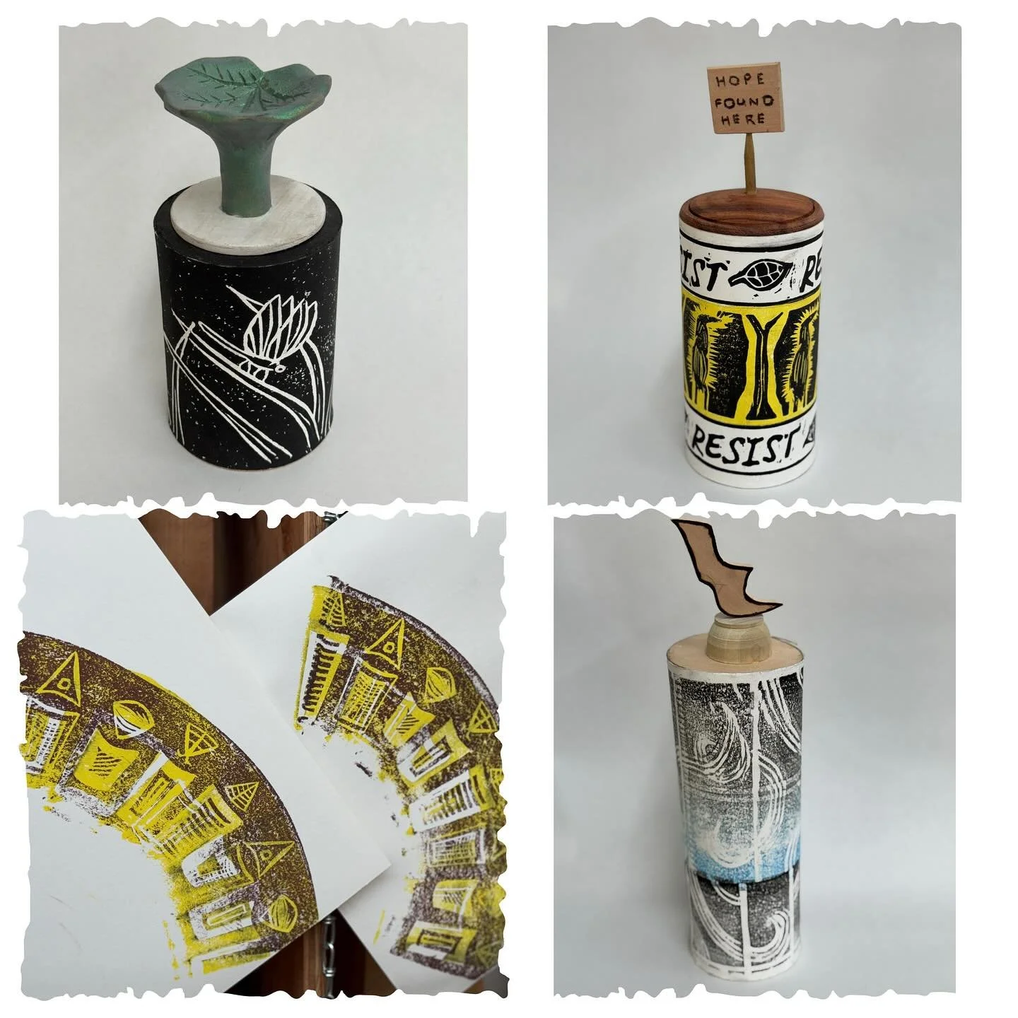 More rolled prints from our Peters Valley School of Craft class entitled , When Printmaking and Woodturning Collide. We turned cylinders carved patterns on them and rolled print. We took some of the prints and created sculpture and containers with th