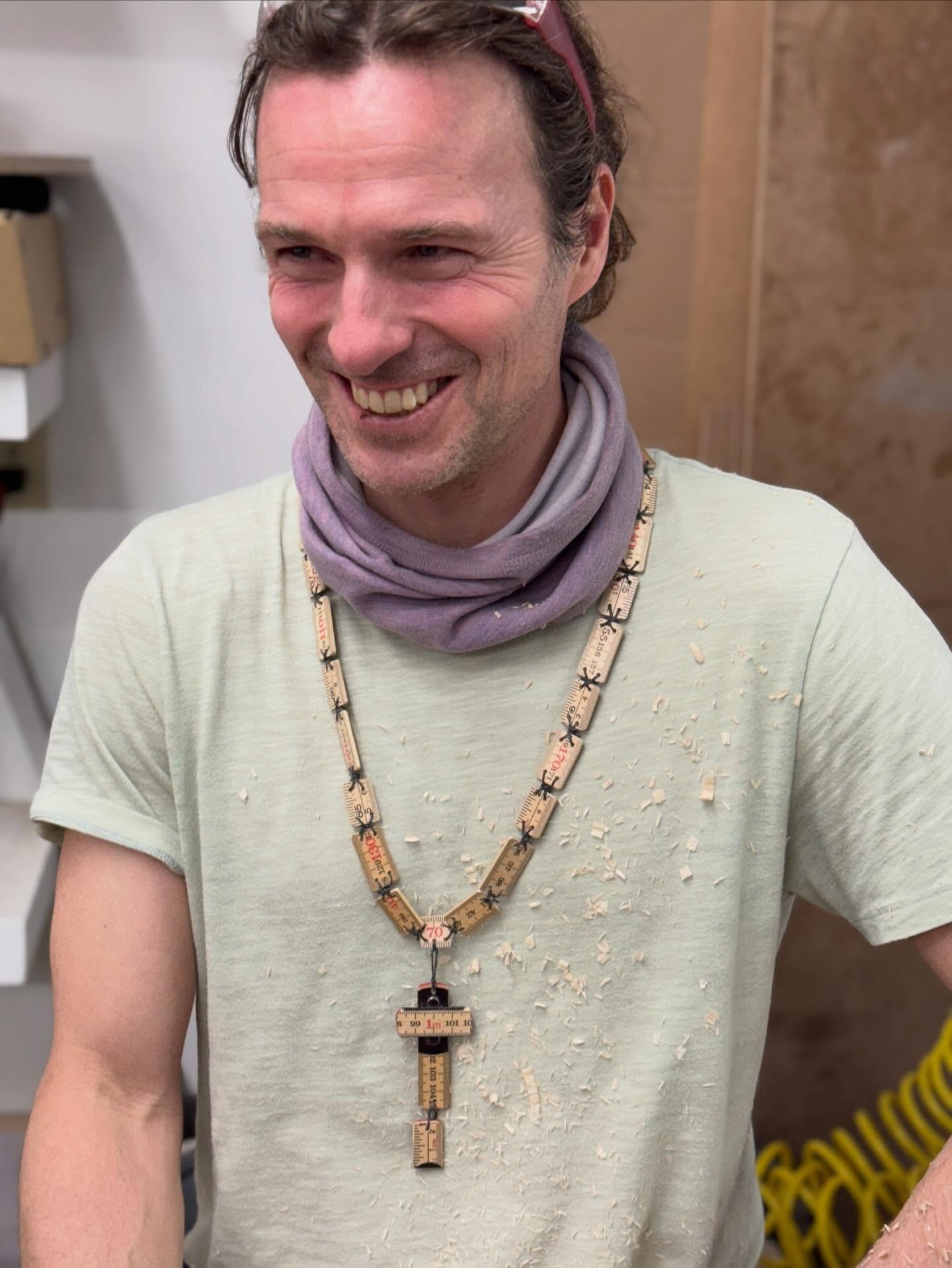 I made this wood shop rosary from broken wooden rulers for my friend Bjarke. He is visiting @woodschoolmaine from Denmark. The links are imperial and metric measurements to represent countries working together!  #woodworking #woodwnrulers #woodshopro