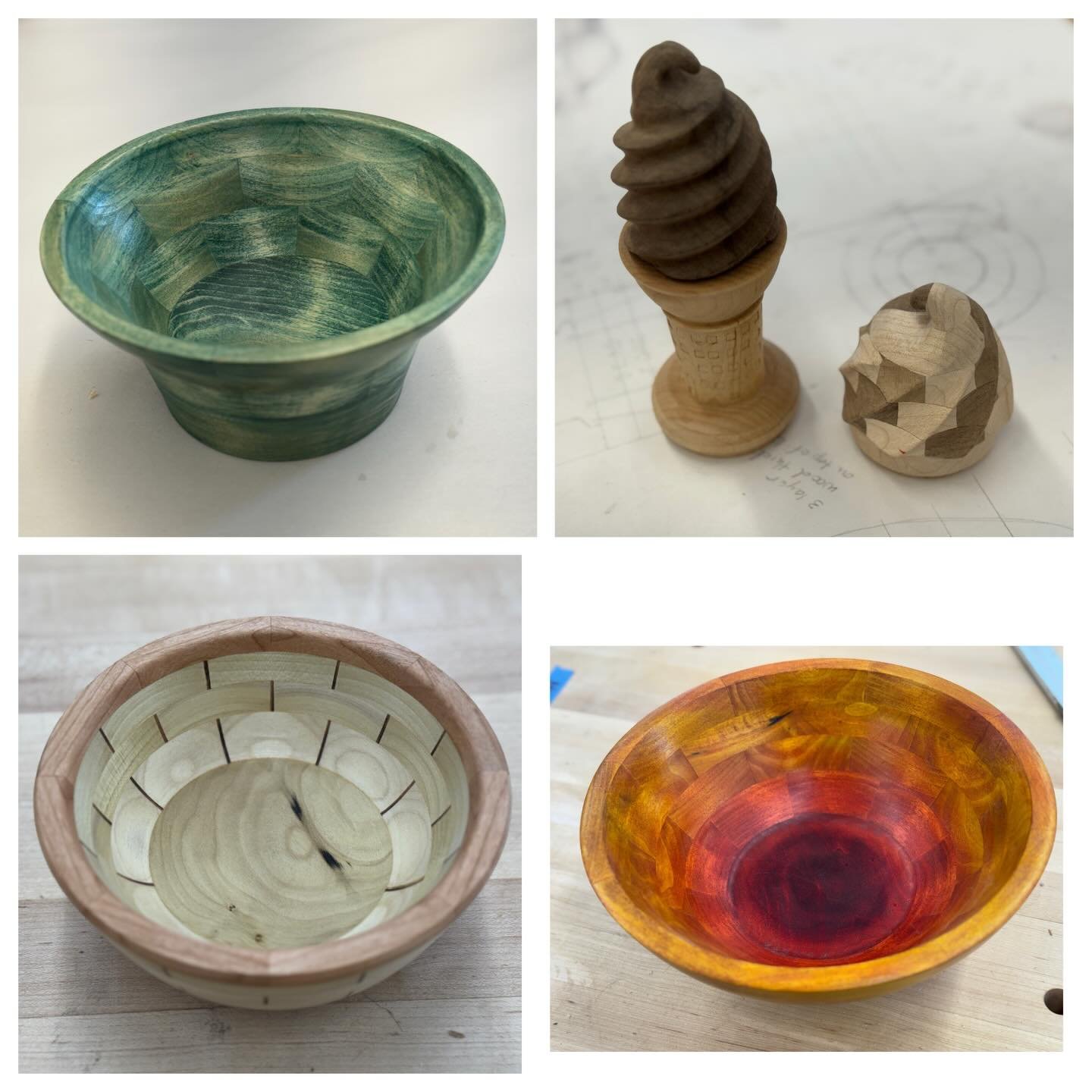Its the end of segmenting week at The Turning Intensive @woodschoolmaine ! Here are the first group.  #woodturning #segmentedturning #woodworking #constructingbowlblanks