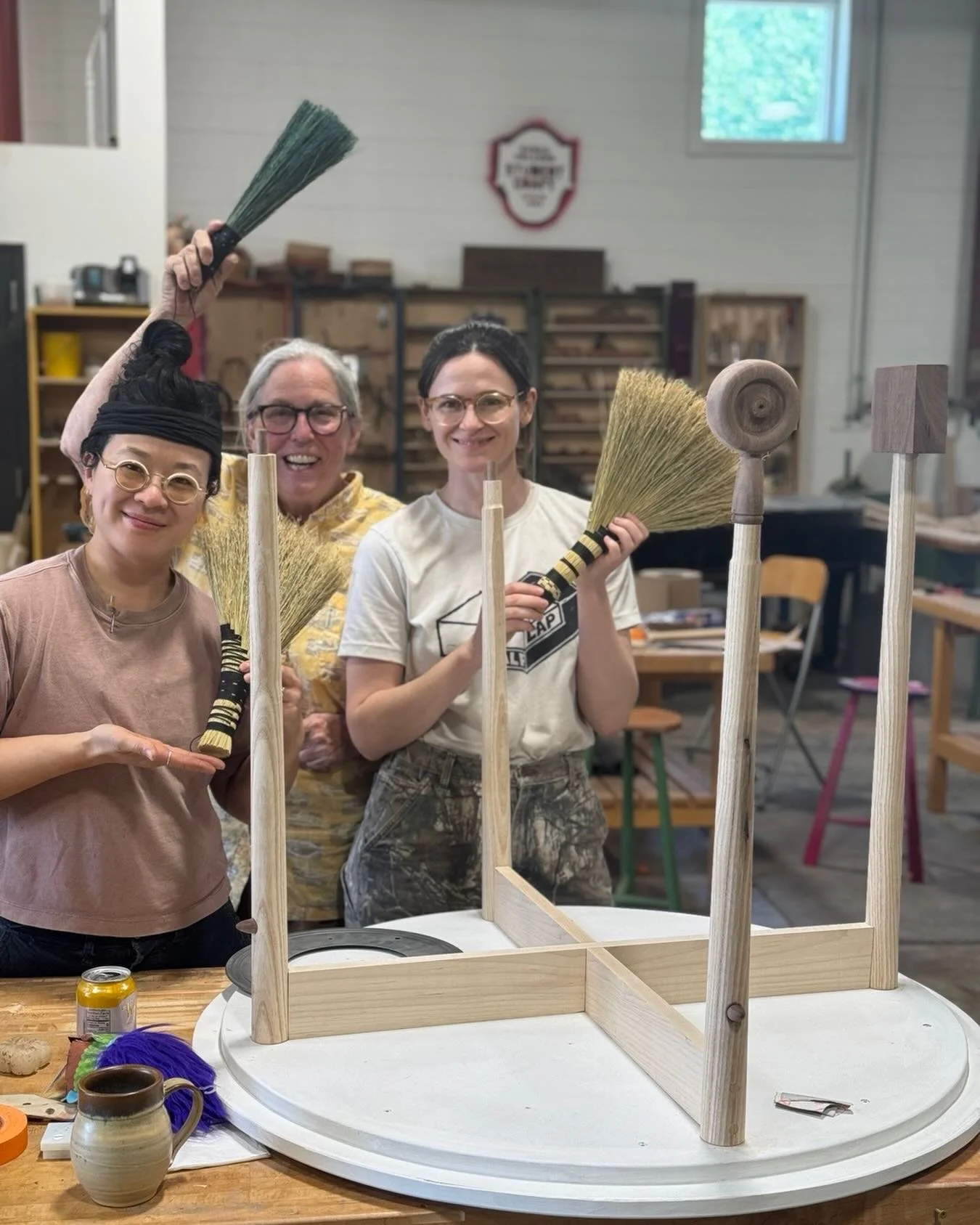 We are in day 3 of an ultra fun residency at @bcstudentcraft , called Baddies in the Game Parlor. I am with Wu Hanyen and Michaela Stone. We were invited to make brooms this morning! Berea College is an amazing place filled with wonderful people! 9 d