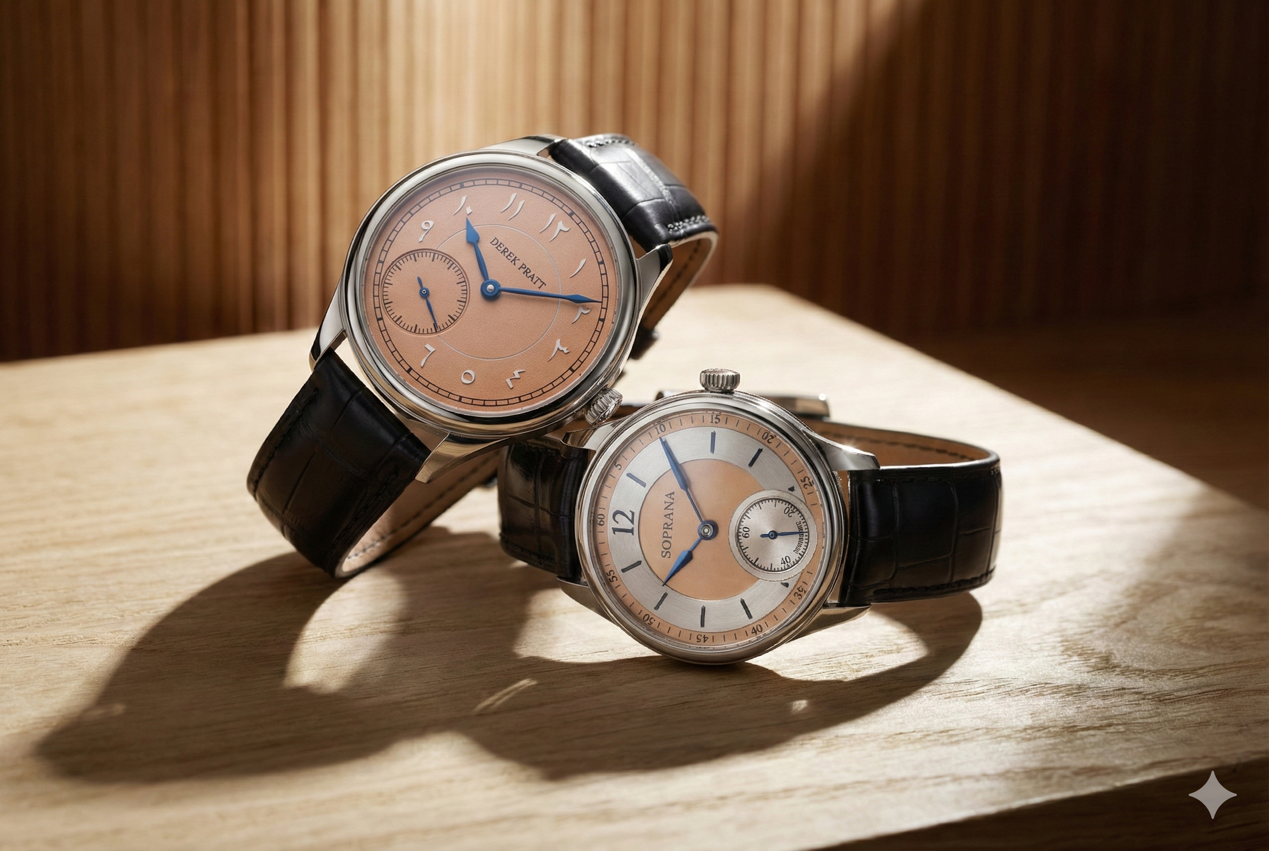 Two luxury wristwatches with black leather straps are placed on a wooden surface, one standing upright and the other leaning against it, with a wood-paneled background. derek pratt and luca soprana by SMA ateliers