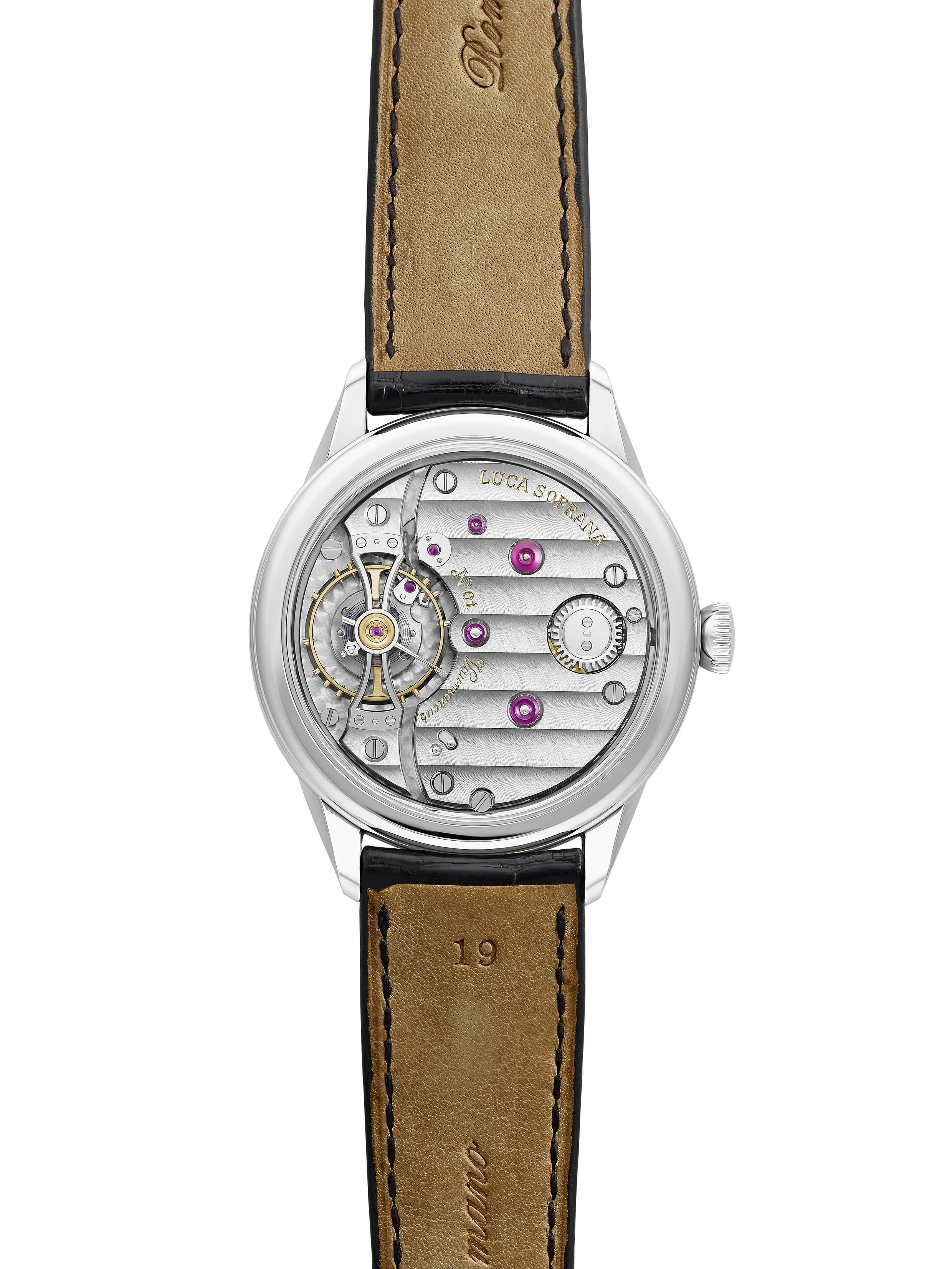 A wristwatch with a round silver case, showing its mechanical inner workings with visible gears and purple jewels. It has a brown leather strap with black edges.