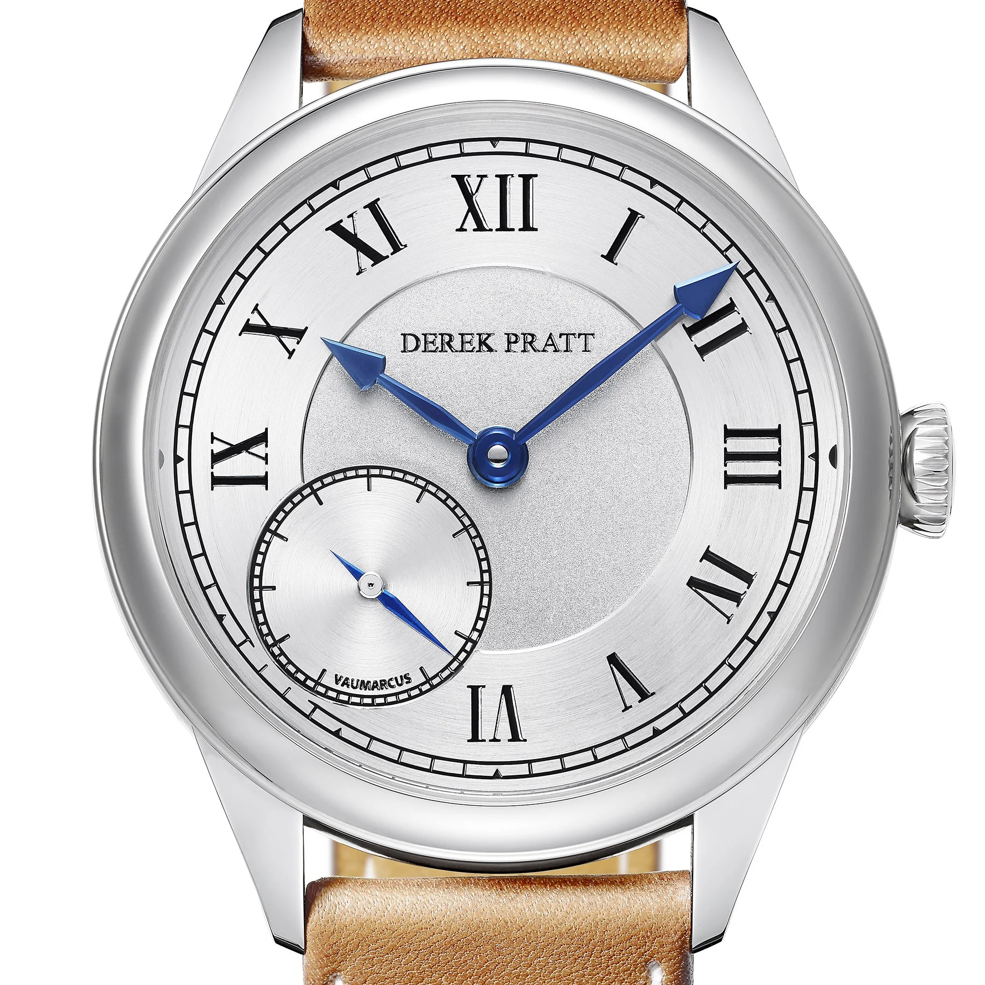 A luxury wristwatch with a silver dial, blue hands, and Roman numeral hour markers, featuring a smaller seconds subdial at the 7 o'clock position, leather strap, and the brand name "Derek Pratt" on the face.