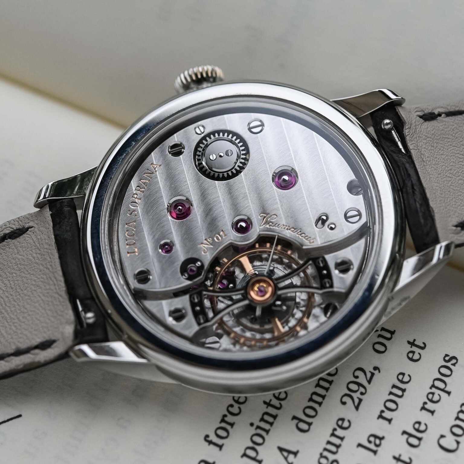 Close-up of a luxury mechanical wristwatch with visible gears and a silver face, branded L U C I A S P R A N A, with a leather strap.