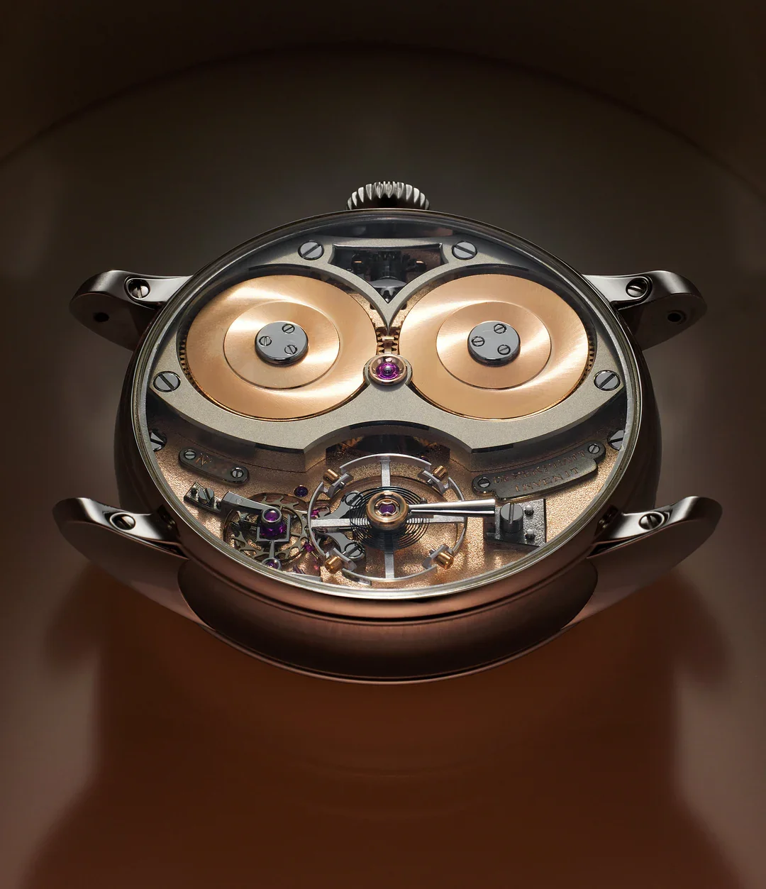 Close-up of a luxury watch movement with visible gears and components, designed to look like an owl face.