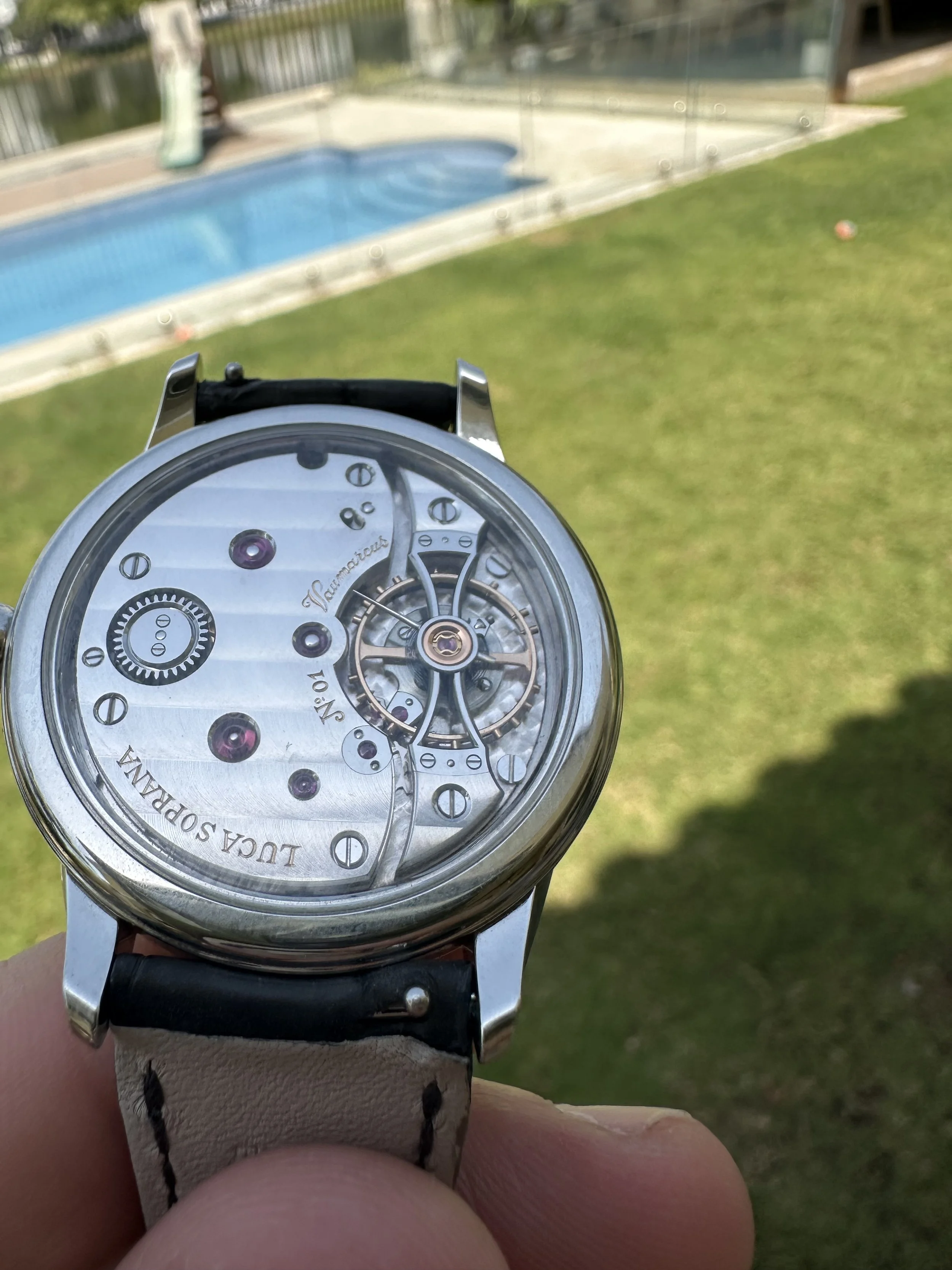 Close-up of a luxury watch with a transparent face, showing its mechanical inner workings, held outdoors with a backyard pool and lawn in the background.