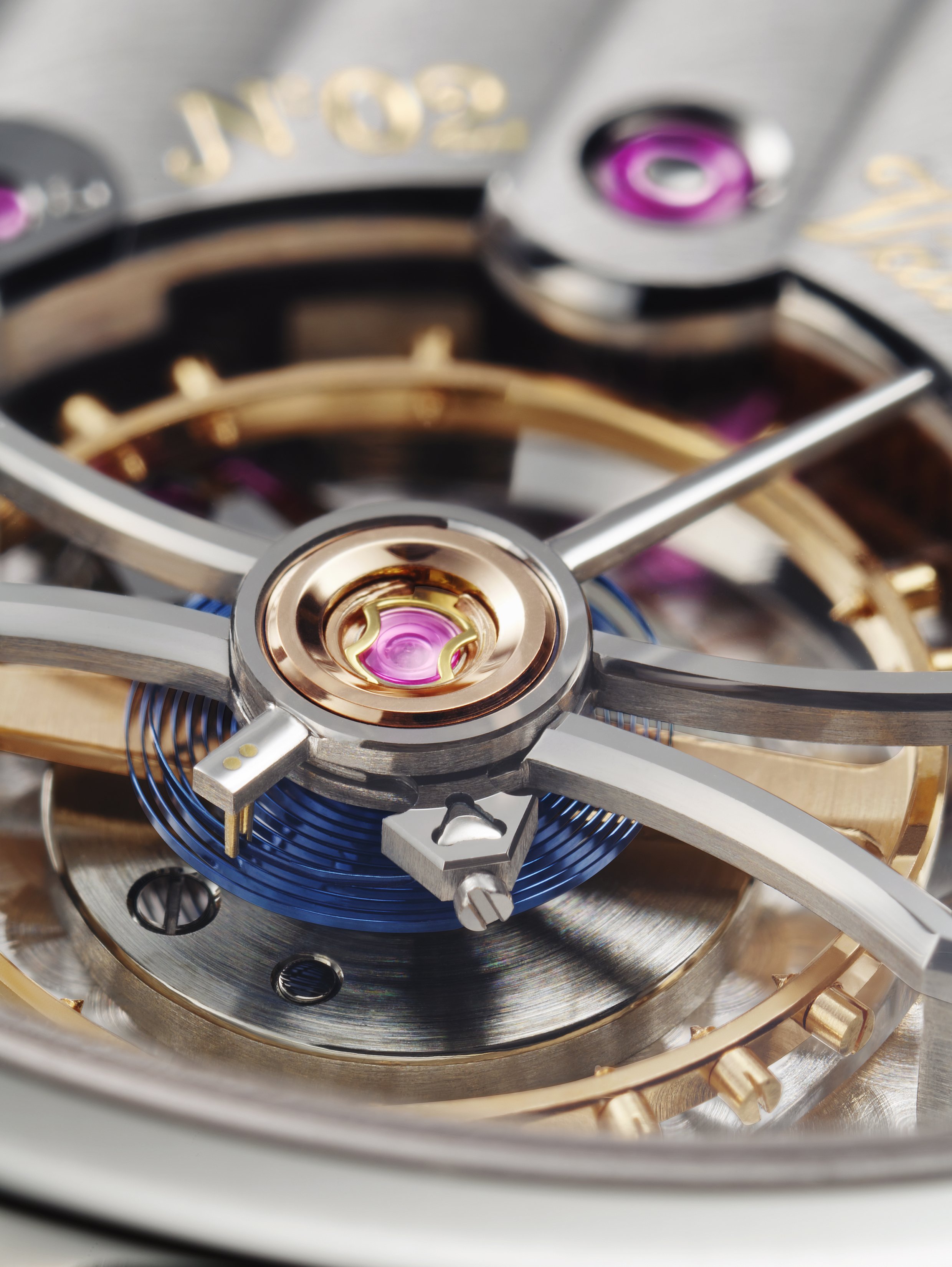 Close-up of a mechanical watch movement showing gears, springs, and components in metallic tones with purple accents.