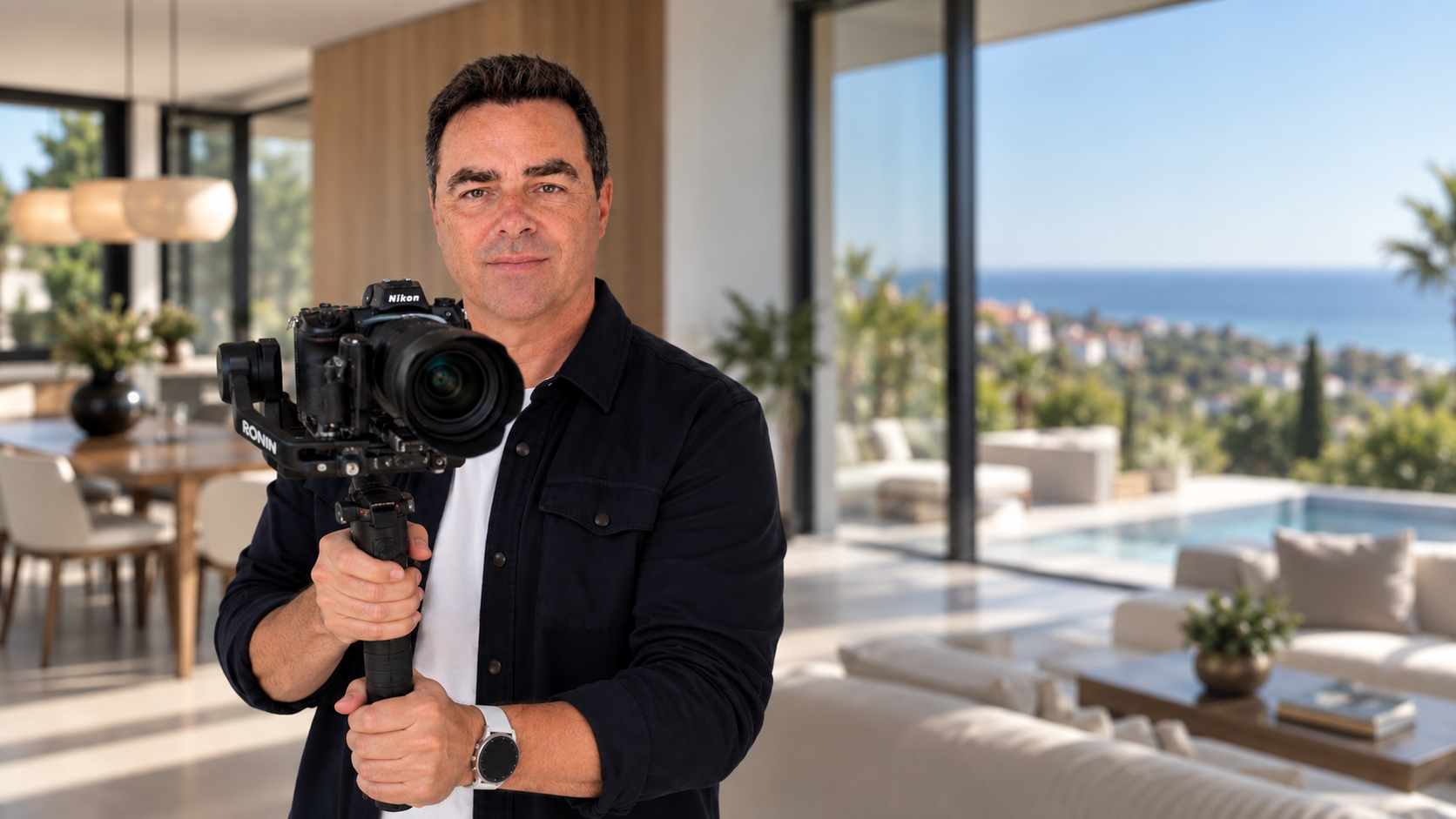Real estate videographer filming a luxury property with a Nikon camera on a gimbal