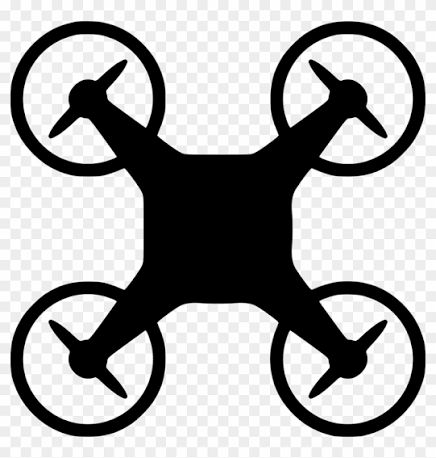 Visão superior de um drone com quatro hélices, preto sobre fundo com padrão quadriculado transparente.