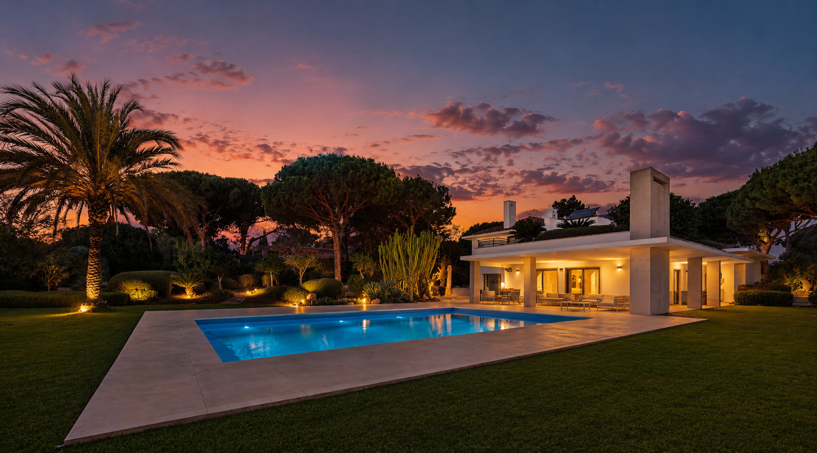 Casa moderna com piscina ao ar livre, jardim bem cuidado, árvores e céu ao pôr do sol