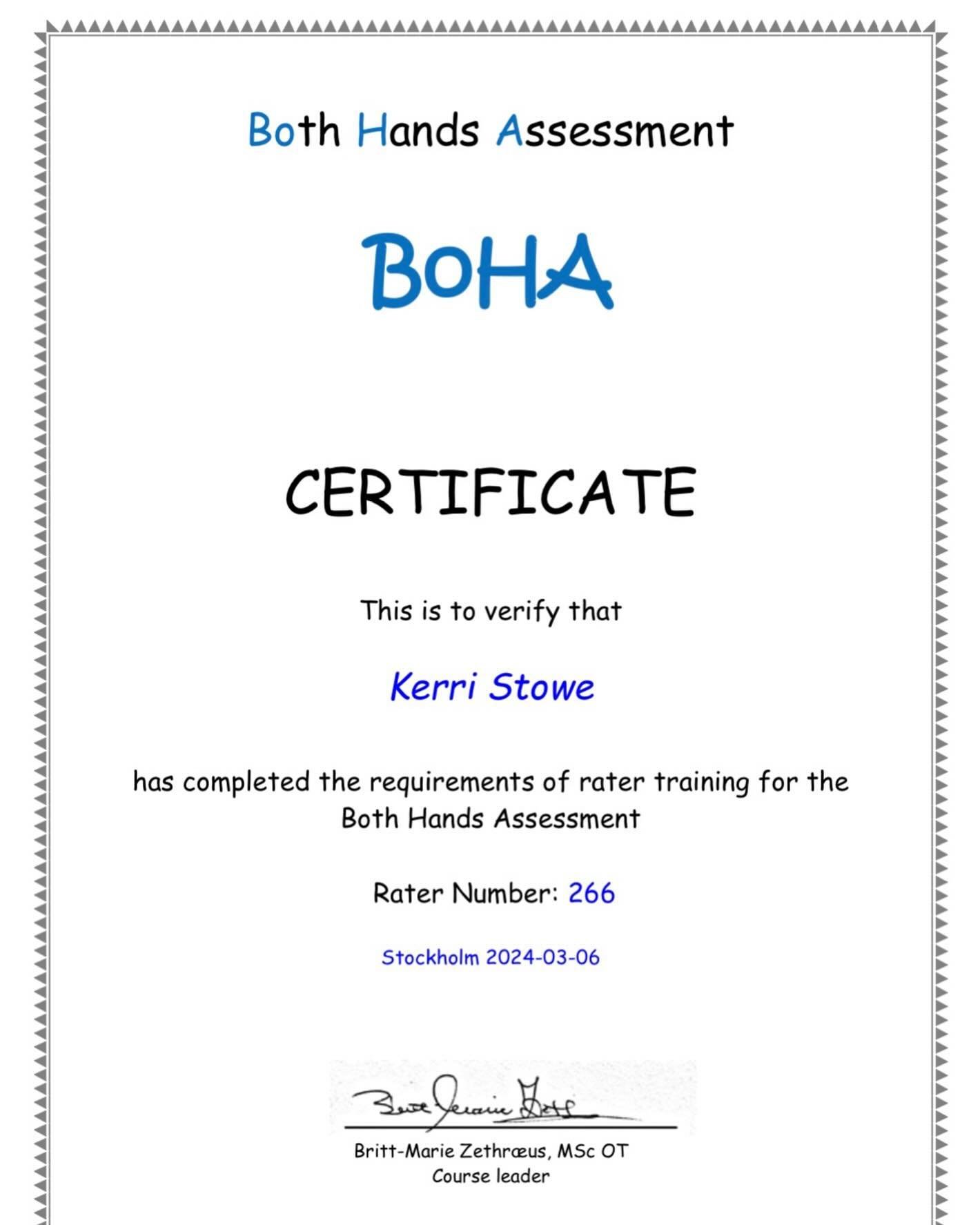 Kerri is now BOHA certified! ✔️ 

We are now able to offer a standardised assessment of the upper limb function for children with bilateral cerebral palsy GMFCS levels 1-3. 

This helpful tool allows for more in depth personalisation of therapy plans