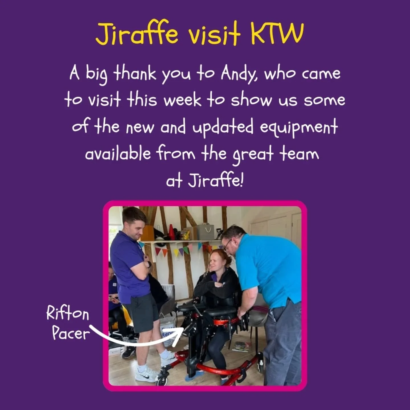 The team had a visit from Andy at @jiraffe_org 🦒

We got to see and try out the equipment that our patients use and heard about updates to the amazing equipment like the Rifton Stander. 

Thanks Andy! 

#rifton #jiraffe #standing #standingframe #wal