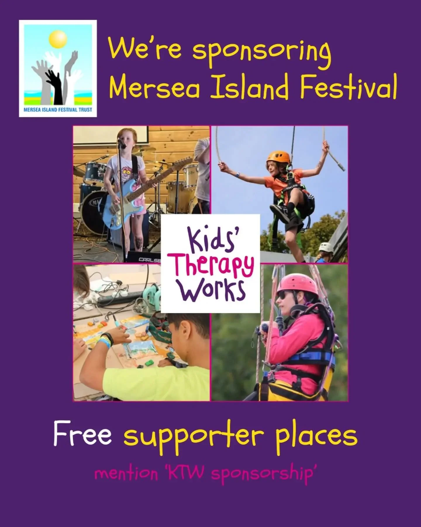 Kids' Therapy Works is proud to be an official sponsor of the Mersea Island Festival 2026!

This summer, we're funding free supporter places for carers and family members of children with a disability attending as day visitors - because no child shou