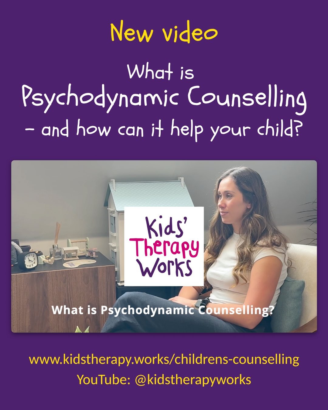 What is psychodynamic counselling - and how can it help your child? 💜

We've just published a short video introducing our children's counselling service at Kids' Therapy Works. In just over a minute, you'll hear about what Ellen does, who she helps,