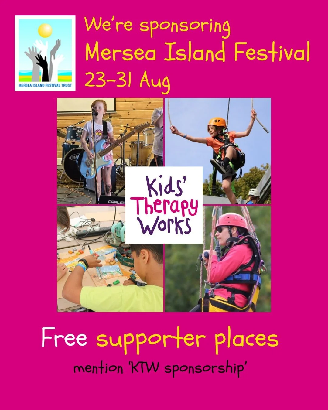 Less than a month to go! 🌊

Kids' Therapy Works is proudly sponsoring the Mersea Island Festival - running 23-31 August on the beautiful Essex coast.
We're funding free supporter places for carers and family members of children with a disability att
